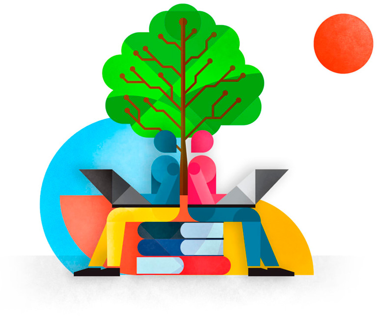 Ilustración de dos estudiantes sentados en libros, con computadoras en sus regazos, de fondo un árbol con ramas de circuitos integrados
