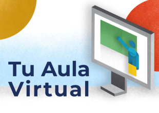 Ilustración de una computadura y el texto Tu Aula Virtual